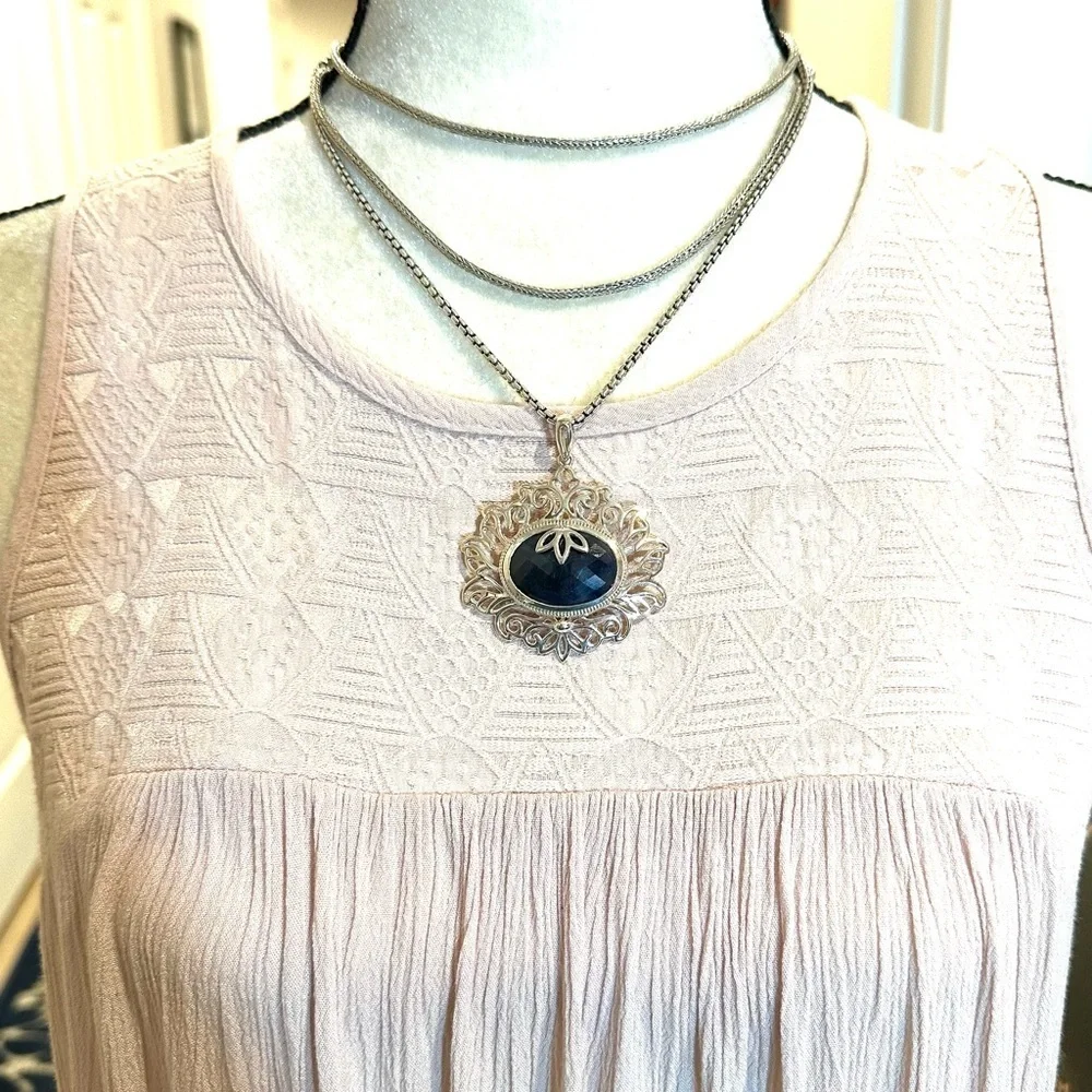 Faceted Oval Rose-cut Fancy Blue Sodalite Solid Sterling Silver Pendant